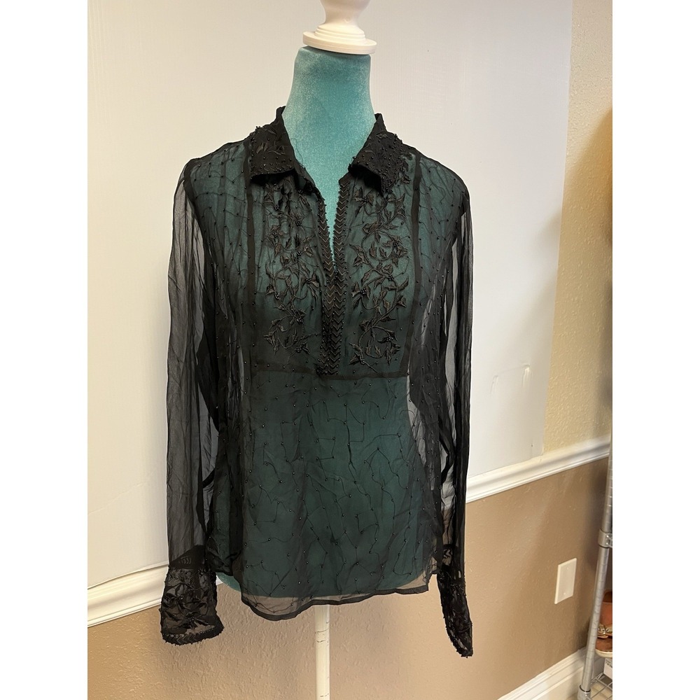 Vintage Black Sheer Silk Beaded Embroidered Blouse L Whimsigoth Victorian‎ Goth